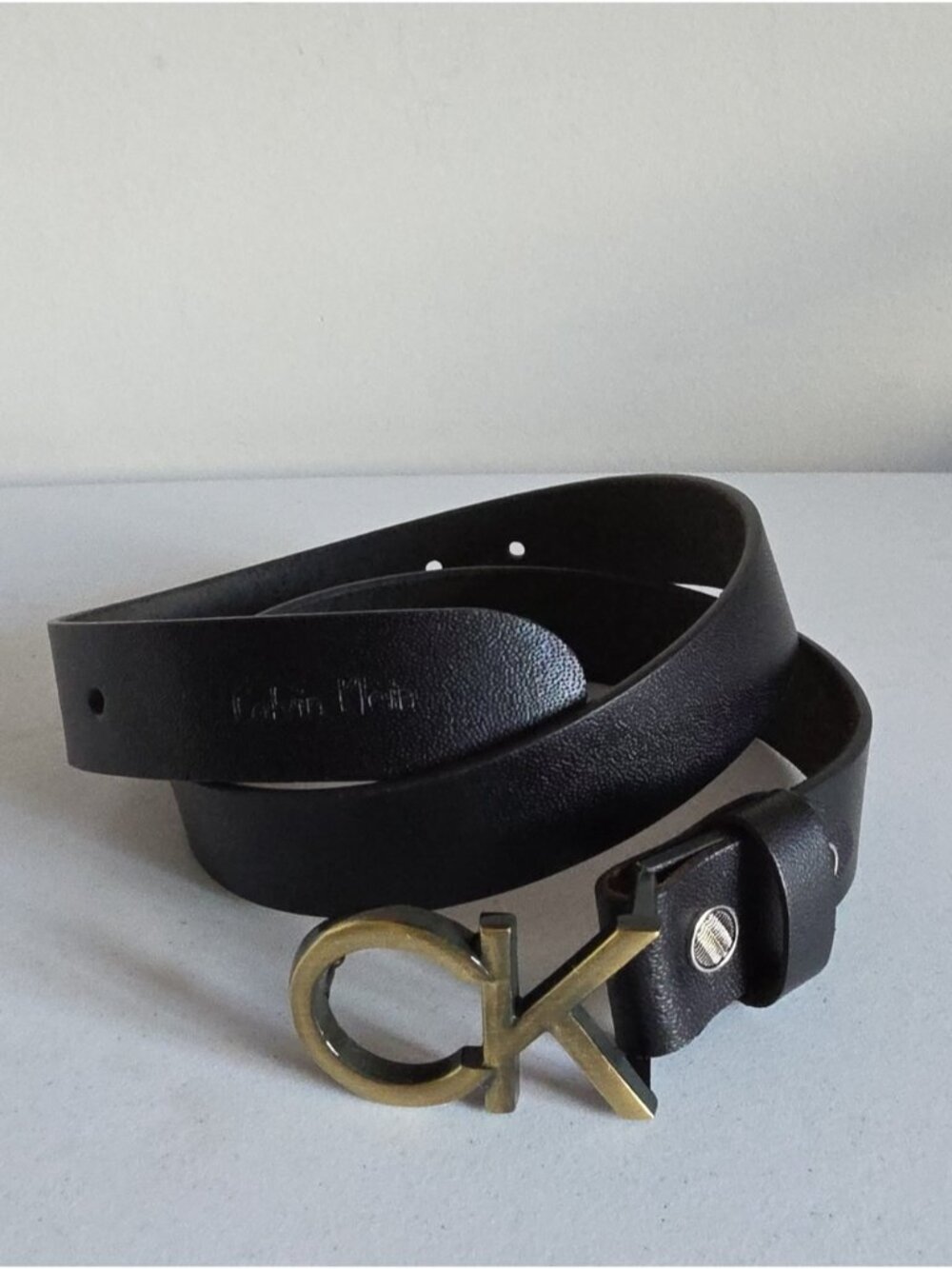 CALVIN KLEIN | Genuine Leather Monogram Logo Belt Black Brass Buckle